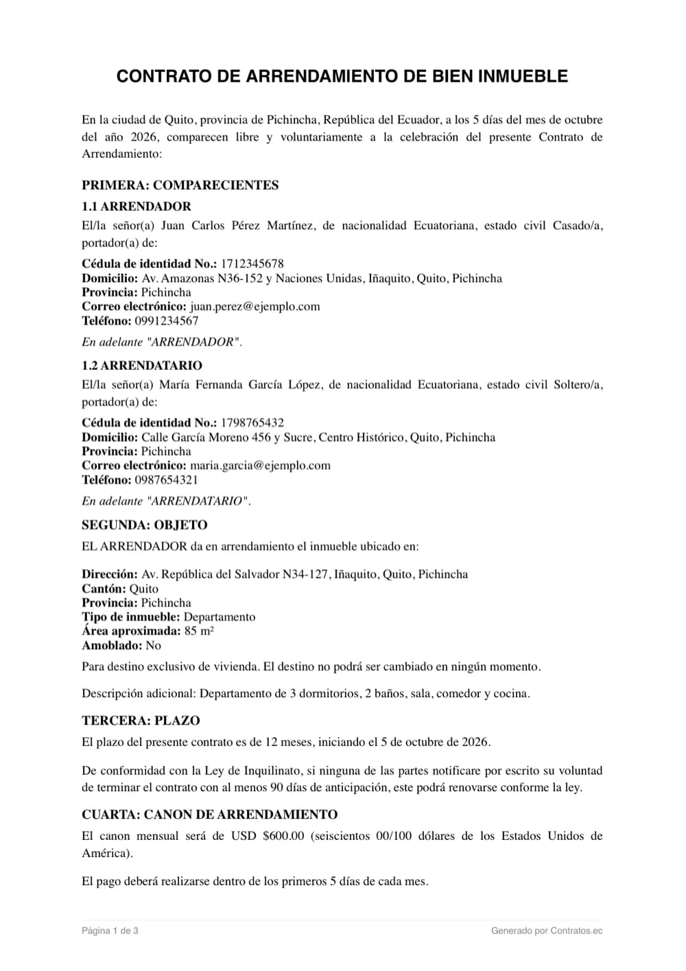 Primera página de un contrato de arrendamiento de ejemplo generado en Contratos.ec, con datos ficticios