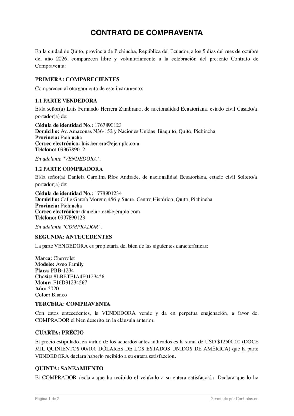 Primera página de un contrato de compraventa de vehículo de ejemplo generado en Contratos.ec, con datos ficticios