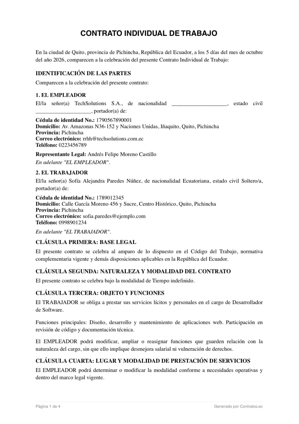 Primera página de un contrato individual de trabajo de ejemplo generado en Contratos.ec, con datos ficticios