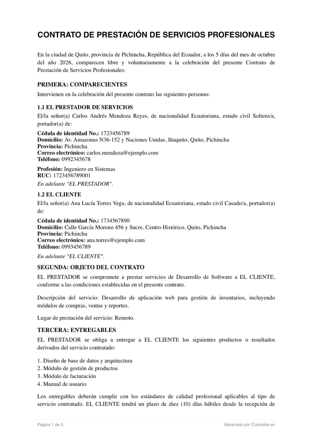 Primera página de un contrato de prestación de servicios de ejemplo generado en Contratos.ec, con datos ficticios
